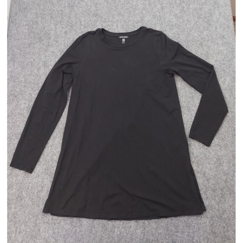 Eileen Fisher Tunic Top Womens Small Black Side Slits Stretch Long Sleeve Tencel